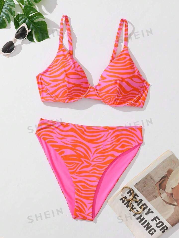 SHEIN Swim Curve Plus Zebra Striped Underwire Bikini Swimsuit | SHEIN