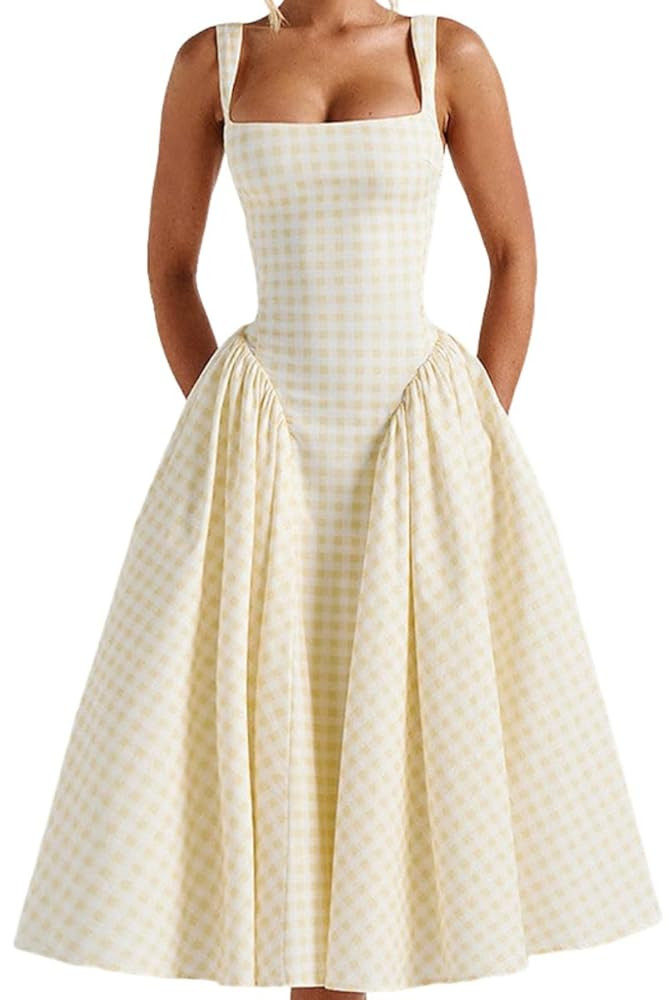 Summer Gingham Long Dress Corset Square Neck Lace Up Casual Sundress Backless A Line Short Dresse... | Amazon (US)