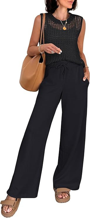 ANRABESS Women 2 Piece Summer Outfits 2026 Crochet Sweater Vest Wide Leg Pants Lounge Matching Se... | Amazon (US)