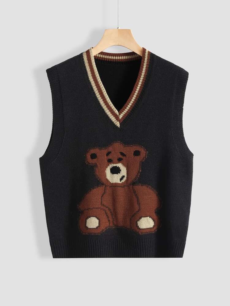 Bear Pattern Striped Trim Sweater Vest | SHEIN