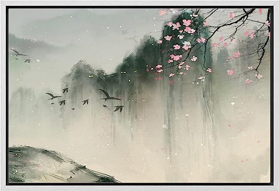 wall26 Framed Canvas Print Wall Art Spring Mountains with Birds and Cherry Blossom Nature Wildern... | Amazon (US)