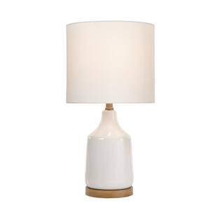 Hampton Bay Saddlebrook 21.5 in. Cream Ceramic and Faux Wood Table Lamp with White Fabric Shade H... | The Home Depot