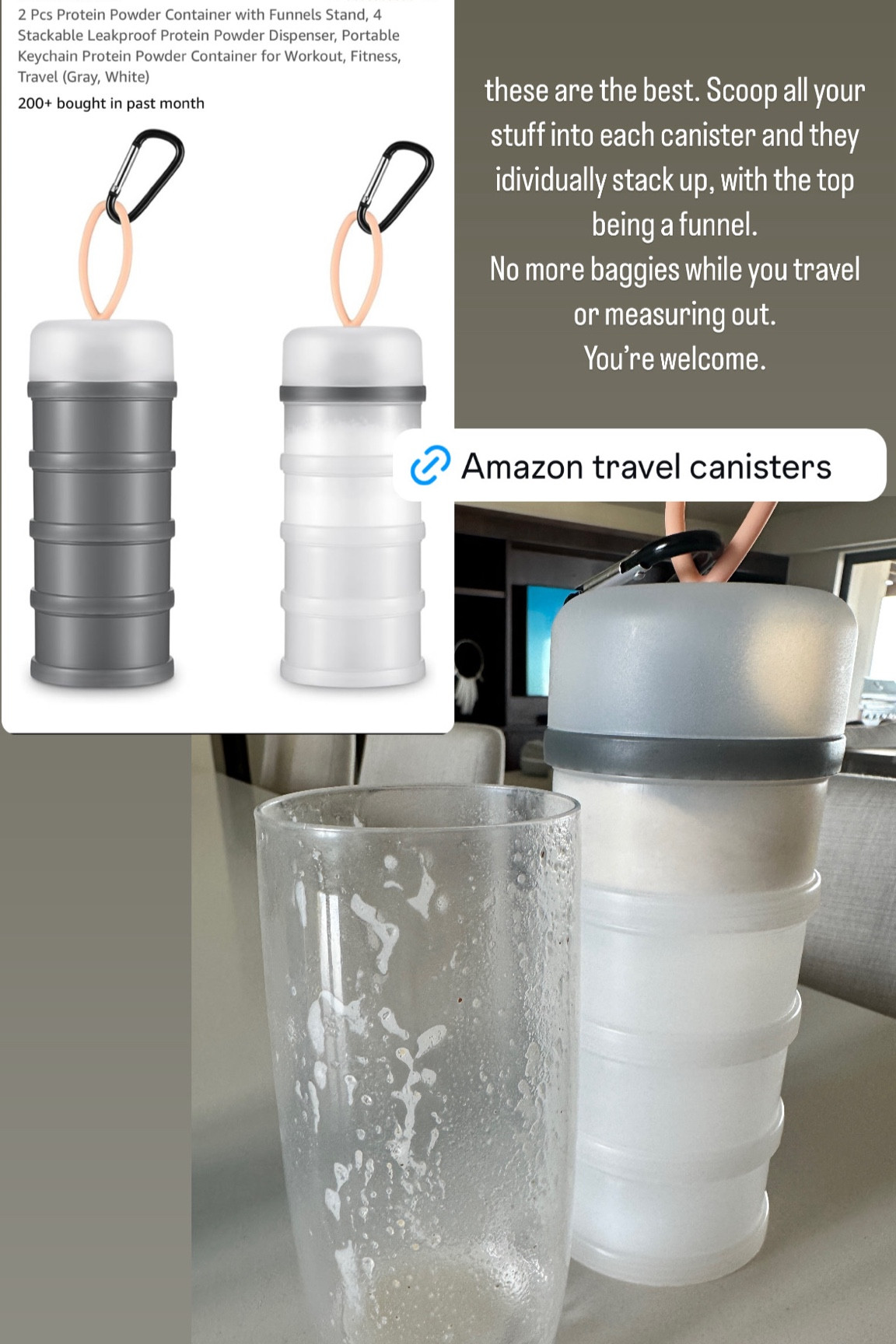 The best way to travel with your protein powder, and whatever else you need while on the go! No more baggies or bringing canisters along. Amazon protein travel containers  