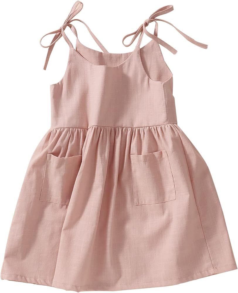 IZYJOY Toddler Baby Girl Summer Cotton Linen White Dresses Bow Straps Sleeveless with Pockets Lit... | Amazon (US)