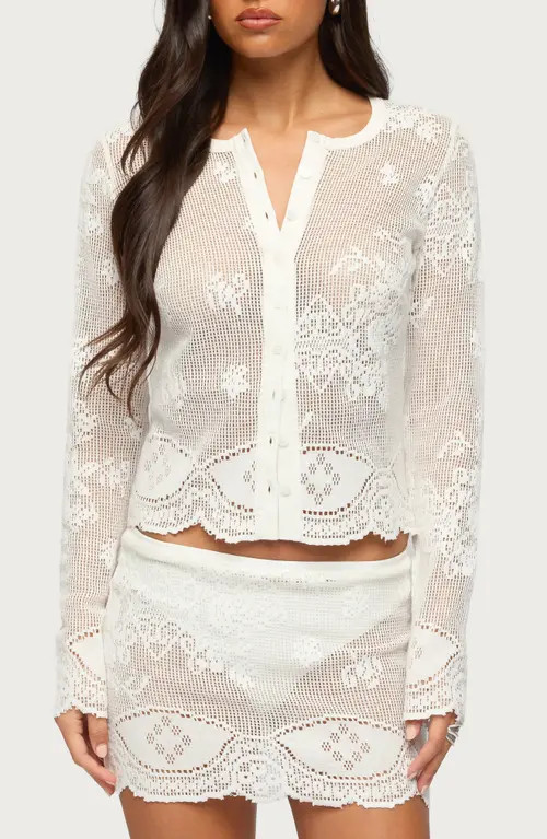 EDIKTED Rusa Sheer Open Stitch Button-Up Shirt in White at Nordstrom, Size Large | Nordstrom