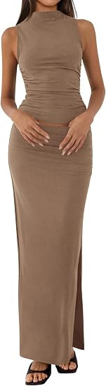 BTFBM Womens Two Piece Outfits Summer Lightweight 2026 Mock Neck Sleeveless Knit Tops Maxi Skirt ... | Amazon (US)