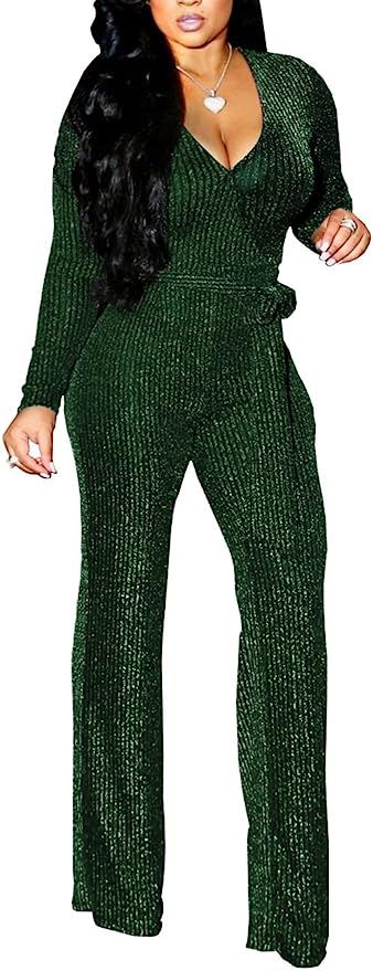 LightlyKiss Women Casual Sexy V Neck Sparkly Jumpsuits Long Sleeve Onesie Loose Pants Party Clubw... | Amazon (US)