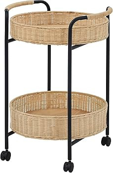 18" 2-Tier Rattan Baskets Serving Cart with Black Metal Frame On Wheels Natural Contemporary Iron... | Amazon (US)