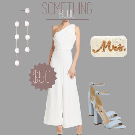 I was not able to link the purse but I linked similar ones :)

Perfect for bridal showers. The jumpsuit is available in multiple colors and it’s only $50! 

#bridalshower #jumpsuit #bluesandals #sandals #somethingblue #mrs #earings #purse #bachelorette #bridegift #gift