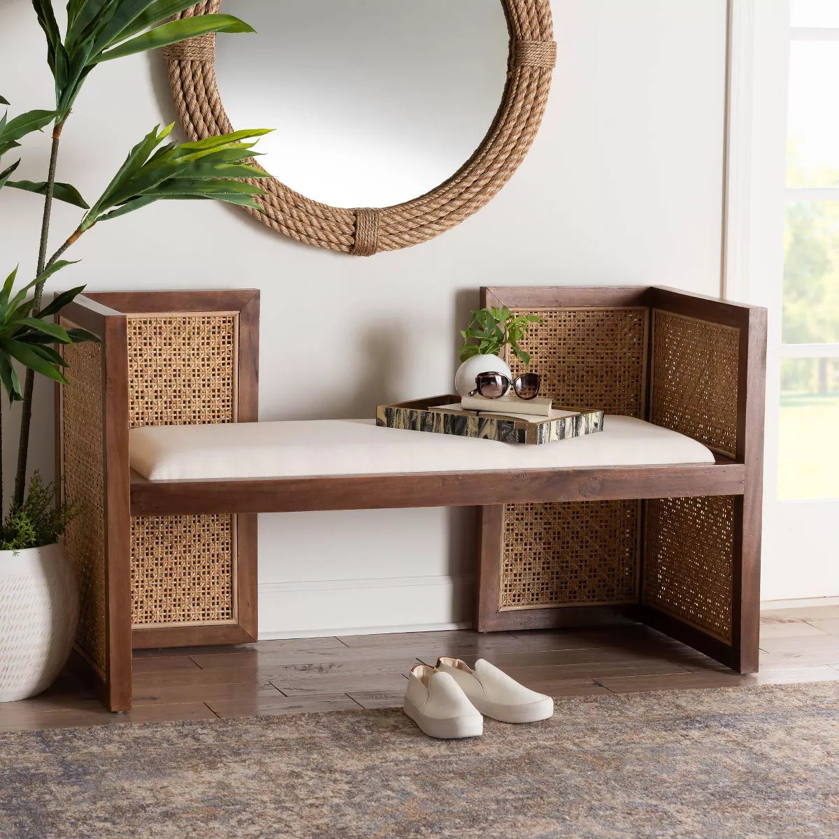bali & pari Lovina Rattan and Acacia Wood Accent Bench Light Honey/Light Brown | Target