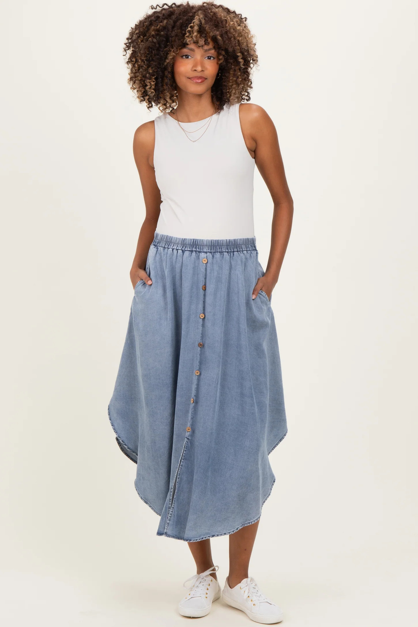 Blue Chambray Tulip Hem Maternity Midi Skirt | PinkBlush Maternity
