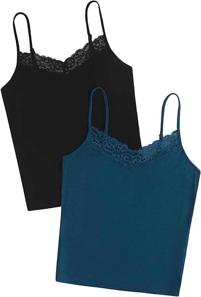SweatyRocks Women's 2 Pieces V Neck Sleeveless Lace Spaghetti Strap Camisole Cami Tank Top | Amazon (US)