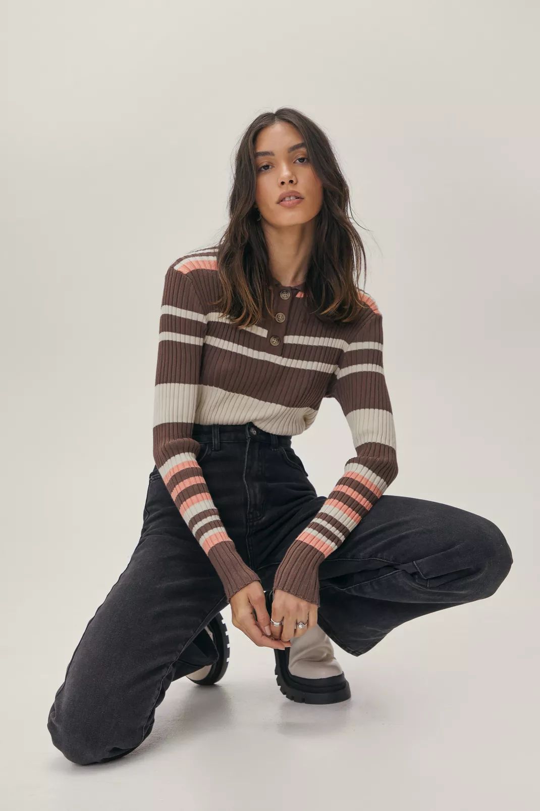 Striped Collared Knitted Long Sleeve Bodysuit | Nasty Gal (US)