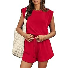 OFEEFAN Rompers for Women Summer Cap Sleeve Adjustable Drawstring Waistband Crewneck Casual Outfi... | Amazon (US)