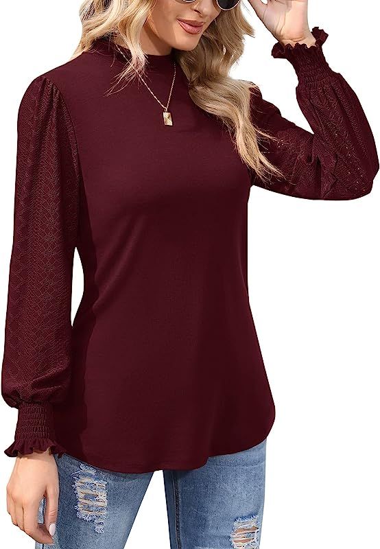 Ivicoer Puff Long Sleeve Top for Women Mock Neck Shirt with Smocked Cuffs Loose Casual S-XXL | Amazon (US)