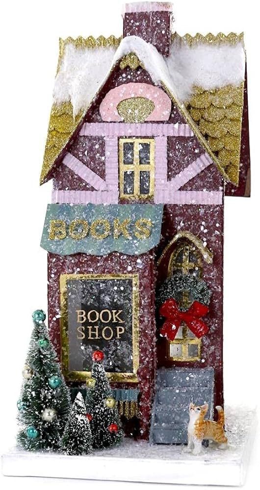 Burgundy Downtown Bookstore Shop with Cat Christmas Village Store House, Multicolor | Amazon (US)
