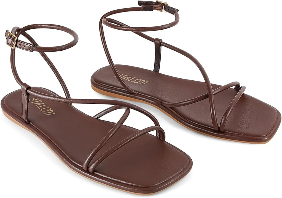STALOV Strappy Flat Sandals for Women Square Open Toe Leather Ankle Strap Flats Sandals Comfortab... | Amazon (US)