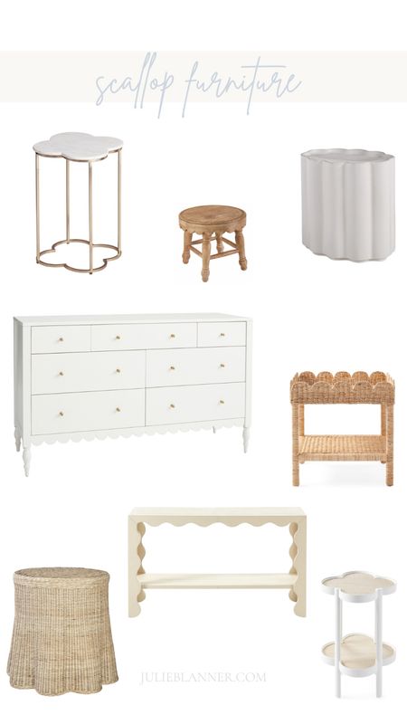 The prettiest pieces to add a touch of whimsy to your home - scallop furniture.

Scalloped furniture, scallop side table, scallop dresser, scallop console, scallop stool, scallop plant stand, scallop martini table, rattan side table, scallop bar, scallop chest, scallop coffee table 

#LTKFind #LTKstyletip #LTKhome