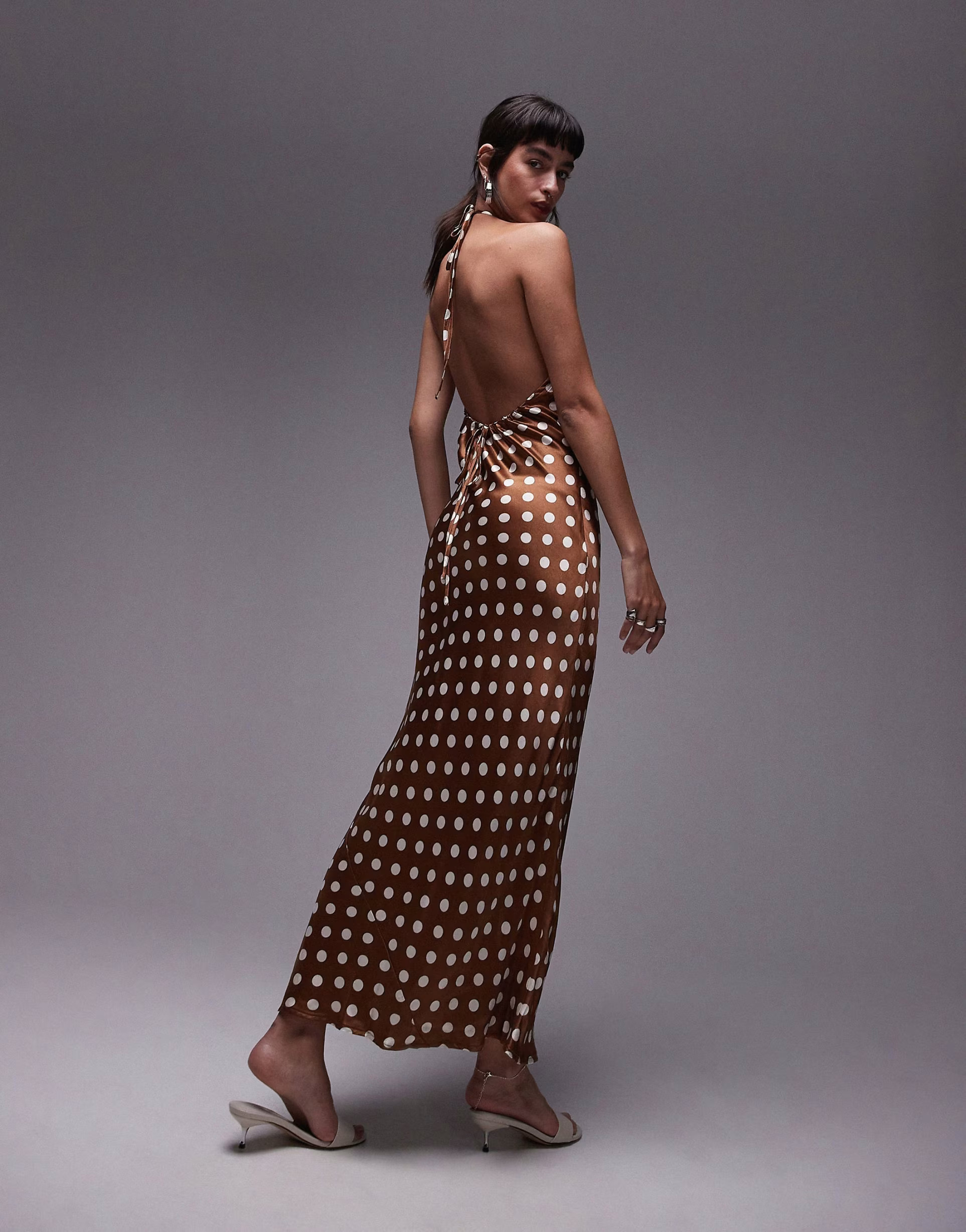 Topshop polka dot halter neck maxi dress in brown | ASOS | ASOS (Global)