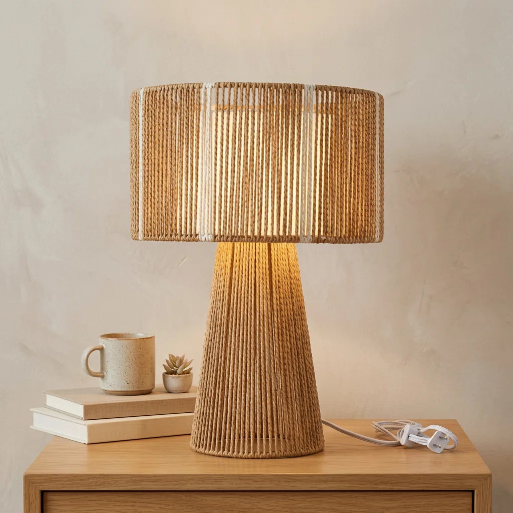 18.5" Boho Brown Rattan Table Lamp, Woven Table Lamps with Fabric Shade for Bedroom and Living Ro... | Wayfair North America