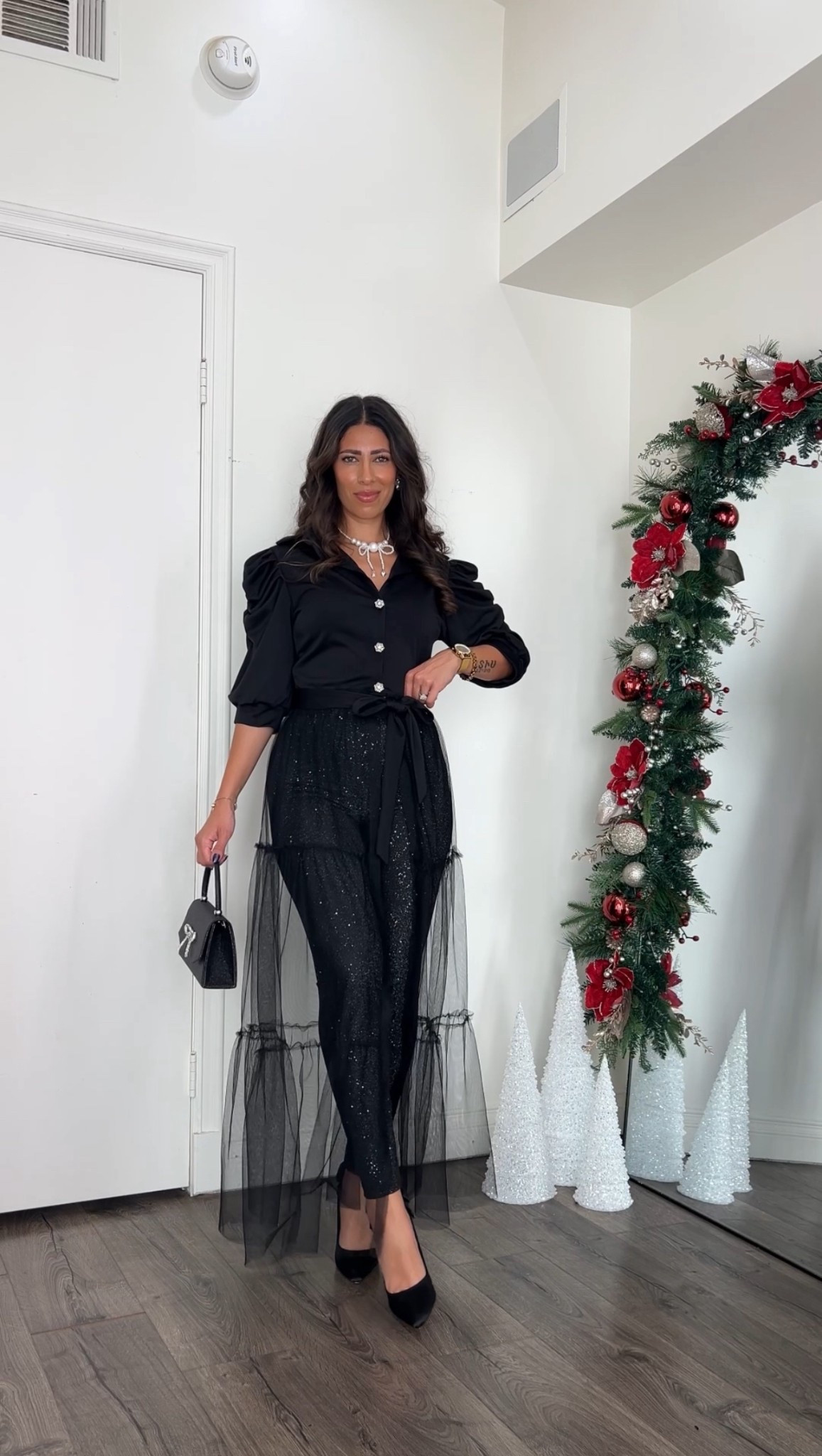 Nye outfit idea with sparkle leggings and a lace top! So elevated and chic. Added rhinestone button covers over the buttons on the shirt, instantly elevated the look. 

#LTKSeasonal #LTKFindsUnder50 #LTKHoliday