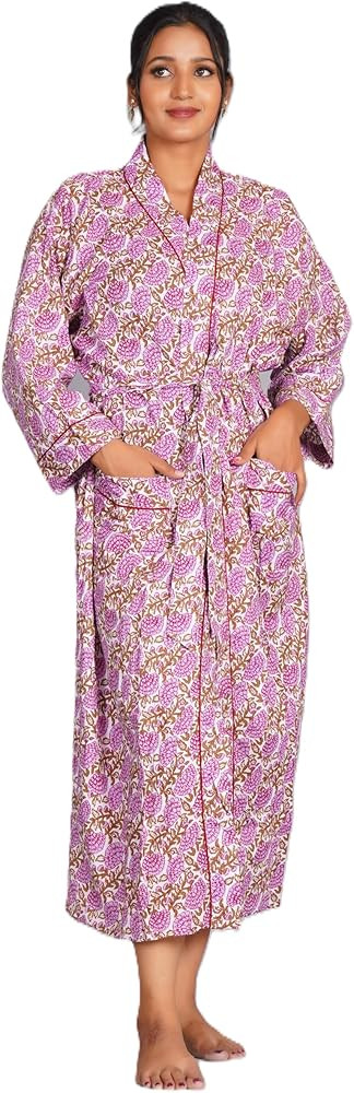 COTSILER Cotton Block Print Kimono Robe for Women Long Bathrobe with Belt & Pockets For Summer Li... | Amazon (US)