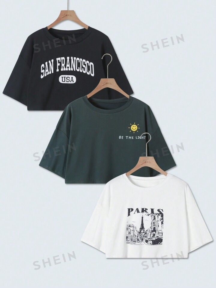 SHEIN EZwear Plus Size Women's 3pcs Letter Printed Short Sleeve T-Shirt Set | SHEIN