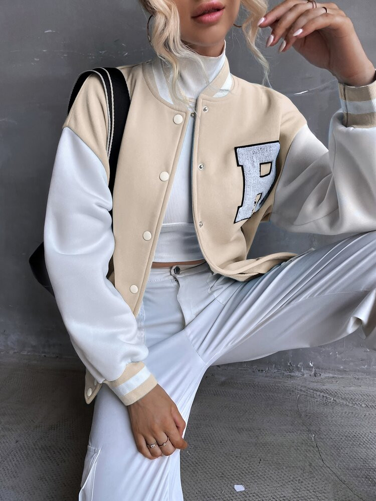 Letter Patched Drop Shoulder Varsity Jacket | SHEIN