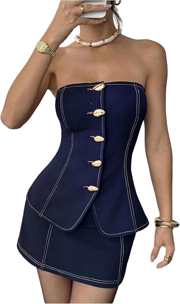 Milumia Women's 2 Piece Outfit Y2k Button Front Strapless Tube Top and Mini Skirt Sets | Amazon (US)