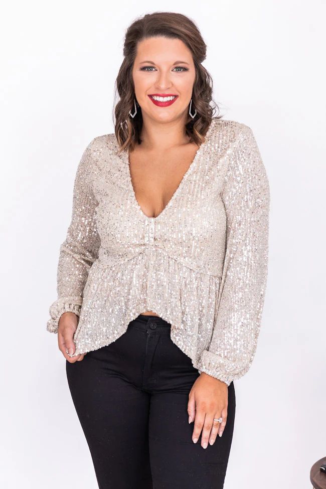 Final Hours Beige Ruffle Sequin Blouse | The Pink Lily Boutique