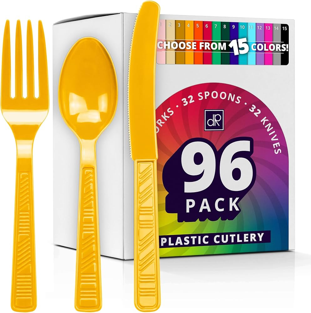 DecorRack Plastic Cutlery Set, Yellow Colored Plastic Silverware Sets for Parties, 96 Piece Bulk ... | Amazon (US)