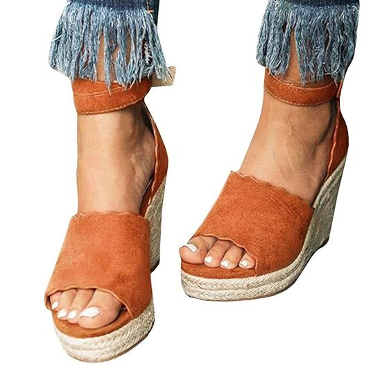 FISACE Womens Espadrille High Platform Wedge Sandals Open Peep Toe Ankle Strap Buckle Shoes | Amazon (US)