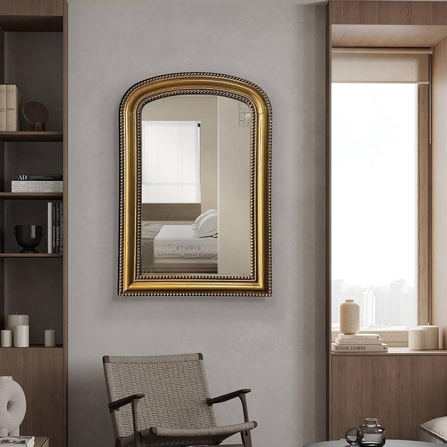Gold Vintage Mirror Antique Arched Mirror for Entryway Living Room Decor,Wood Frame with Beaded D... | Amazon (US)