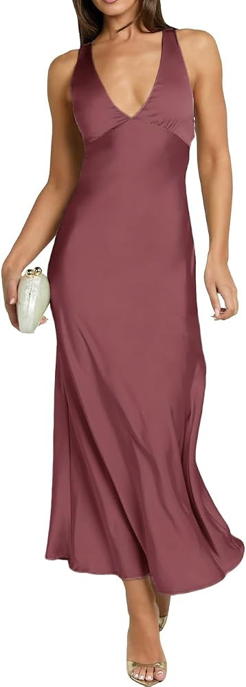 Summer Satin V Neck Backless Maxi Dresses for Women 2026 Silk Sleeveless Formal Bridesmaid Weddin... | Amazon (US)