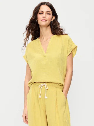 Short-Sleeve Crinkle Gauze Popover Top | Old Navy (US)