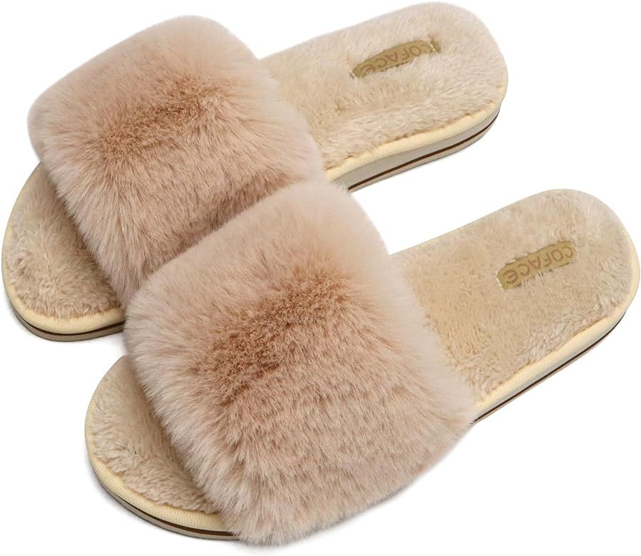 COFACE Womens Slides Fuzzy Slippers Open Toe Fluff Slippers With Arch Support Plantar Fasciitis Orthotic Slippers Women House Shoes | Amazon (US)