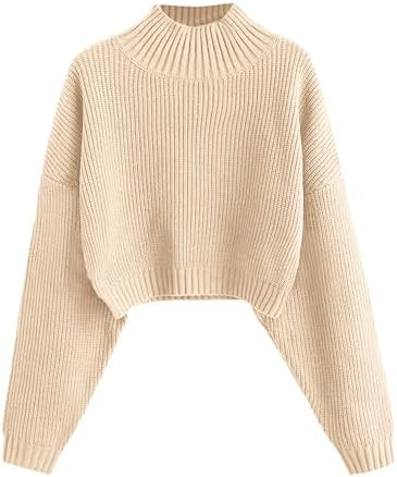 ZAFUL Women's Cropped Turtleneck Sweater Lantern Sleeve Ribbed Knit Pullover Sweater Jumper | Amazon (US)