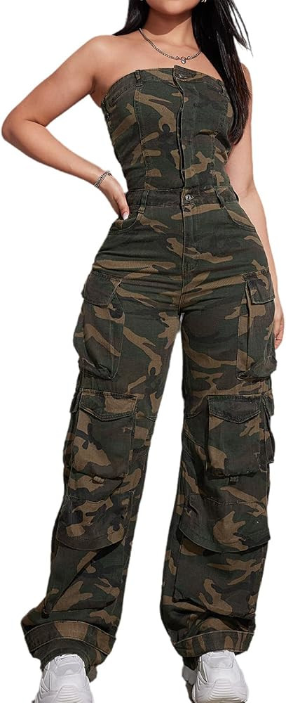 Women's Sexy Strapless Camouflage Tube Top Denim Jumpsuit Trendy High Waist Stretch Cargo Jeans L... | Amazon (US)