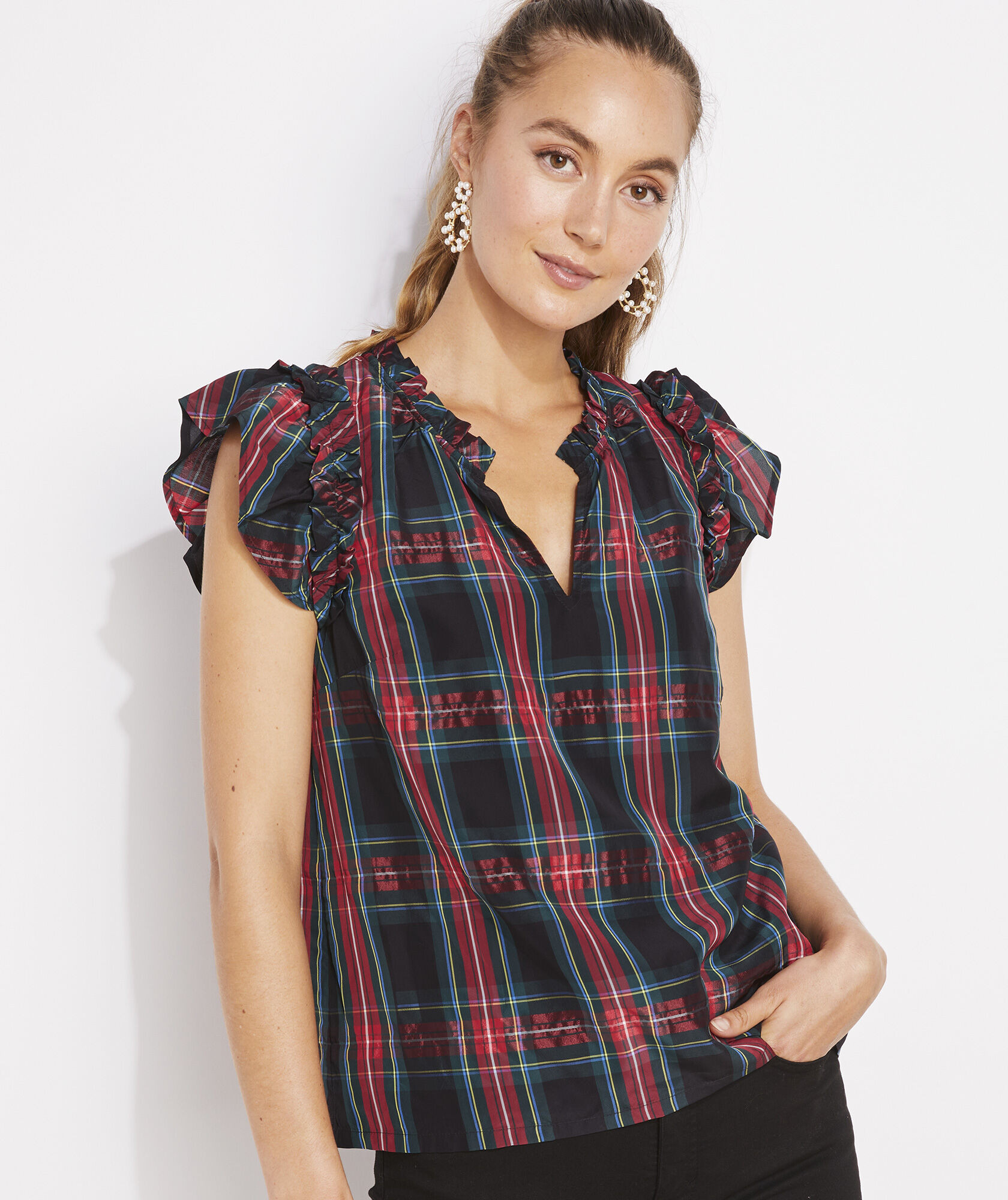 Après Tartan Ruffle-Sleeve Top | vineyard vines