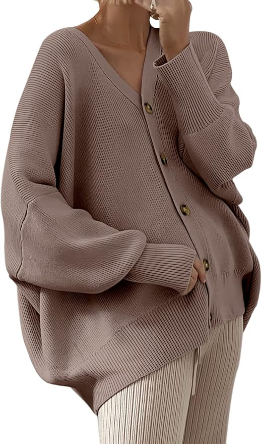 ANRABESS Women's Cardigan 2023 Open Front Oversized Button Lightweight Long Sleeve v Neck Knit Lo... | Amazon (US)