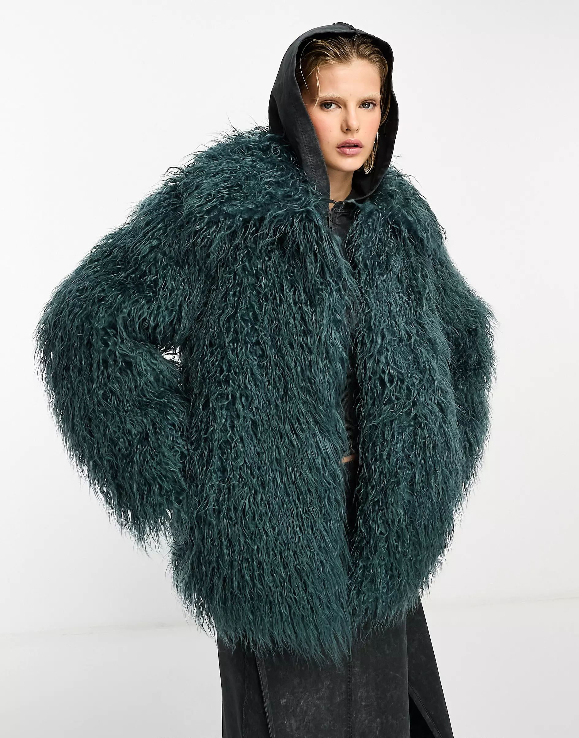 COLLUSION shaggy faux mongolian fur jacket in blue | ASOS (Global)