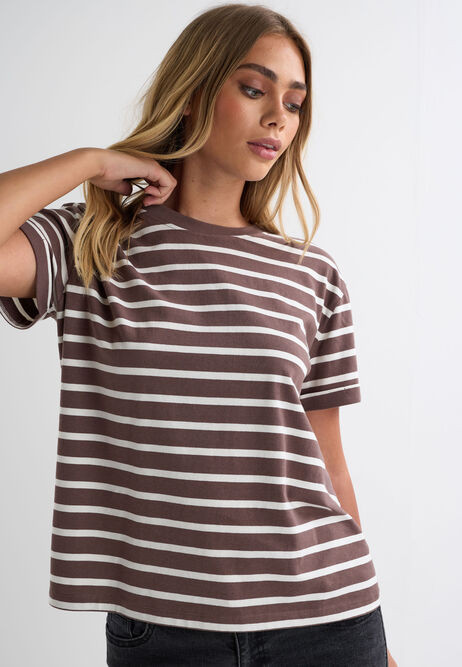Womens Chocolate Brown Stripe Cotton T-Shirt | Peacocks