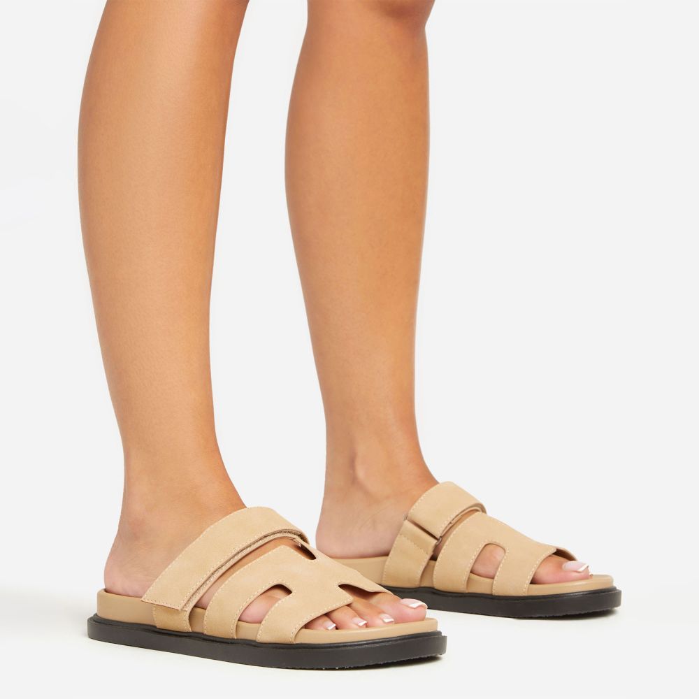 Valerie Gladiator Velcro Strap Flat Slider Sandal In Nude Faux Suede | EGO Shoes (US & Canada)