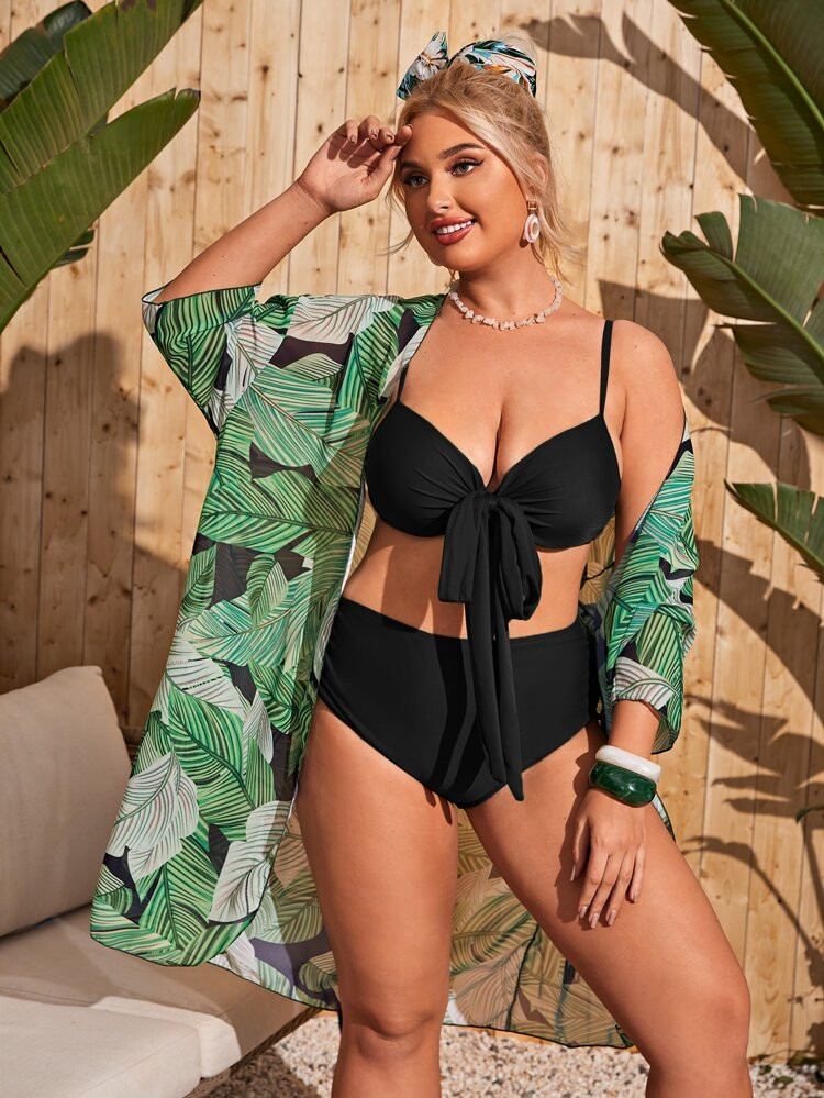 3pack Plus Knot Front Underwire Bikini Swimsuit & Tropical Kimono | SHEIN