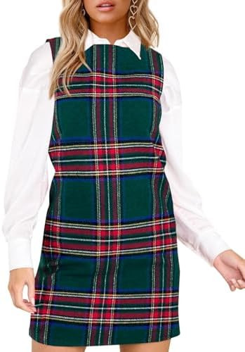 Fisoew Women's Plaid Christmas Dress Mini Sleeveless Round Neck A Line Short Xmas Party Dresses | Amazon (US)