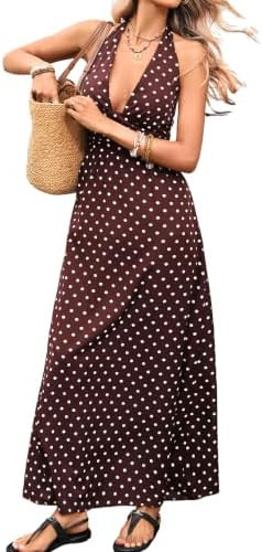 Women Sexy Deep V Backless Halter Polka Dot Maxi Dress Summer | Amazon (US)