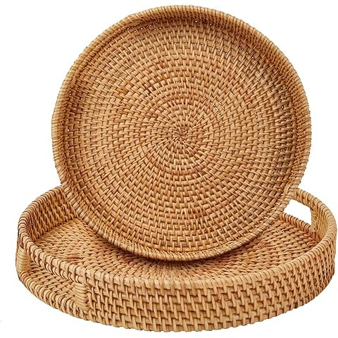 Rattan Round Serving Tray, Decorative Coffee Table Tray, Ottoman Hand Woven Serving Basket with H... | Amazon (US)