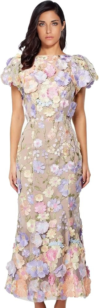 Women's Floral Embroidery Maxi Dress Wedding Guest Dress Puff Sleeve High Neck Lace Bodycon Eveni... | Amazon (US)