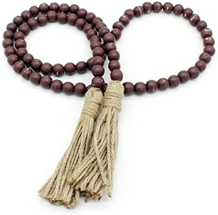 CVHOMEDECO. Wood Beads Garland with Tassels Farmhouse Rustic Wooden Prayer Bead String Wall Hangi... | Amazon (US)