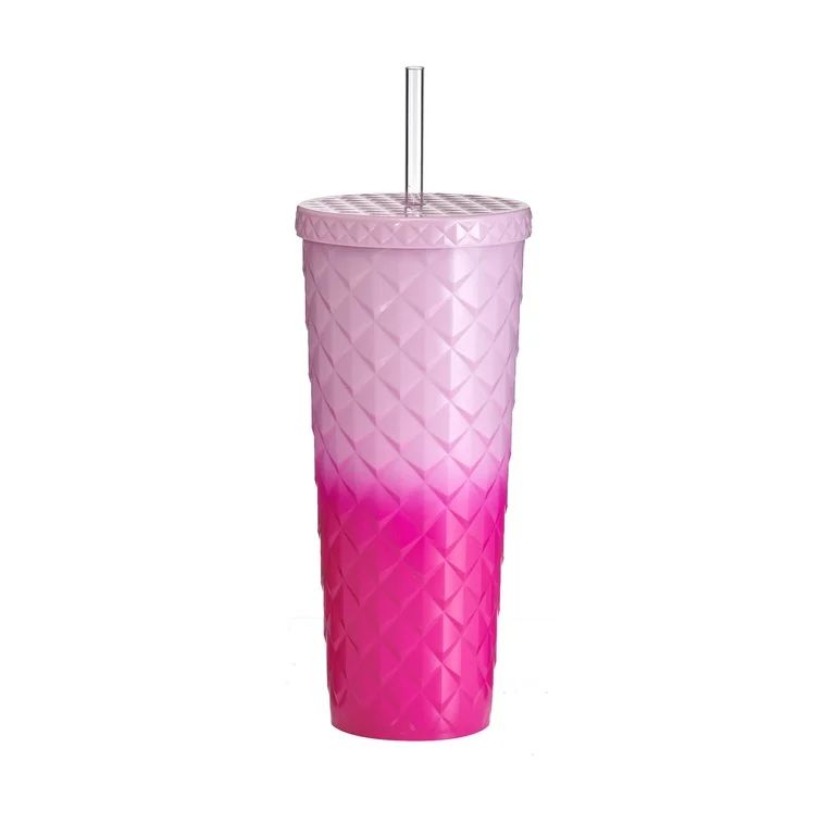 Mainstays 26oz Diamond Scale Textured Plastic Tumbler with Straw, Ombre Pink, Double Wall Insulat... | Walmart (US)